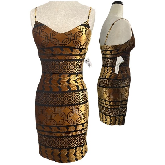 NWT NICHOLE MILLER BLACK/BRONZE VELVET BURNOUT AZTEC PRINT SPAGHETTI STRAP DRESS - Picture 3 of 16